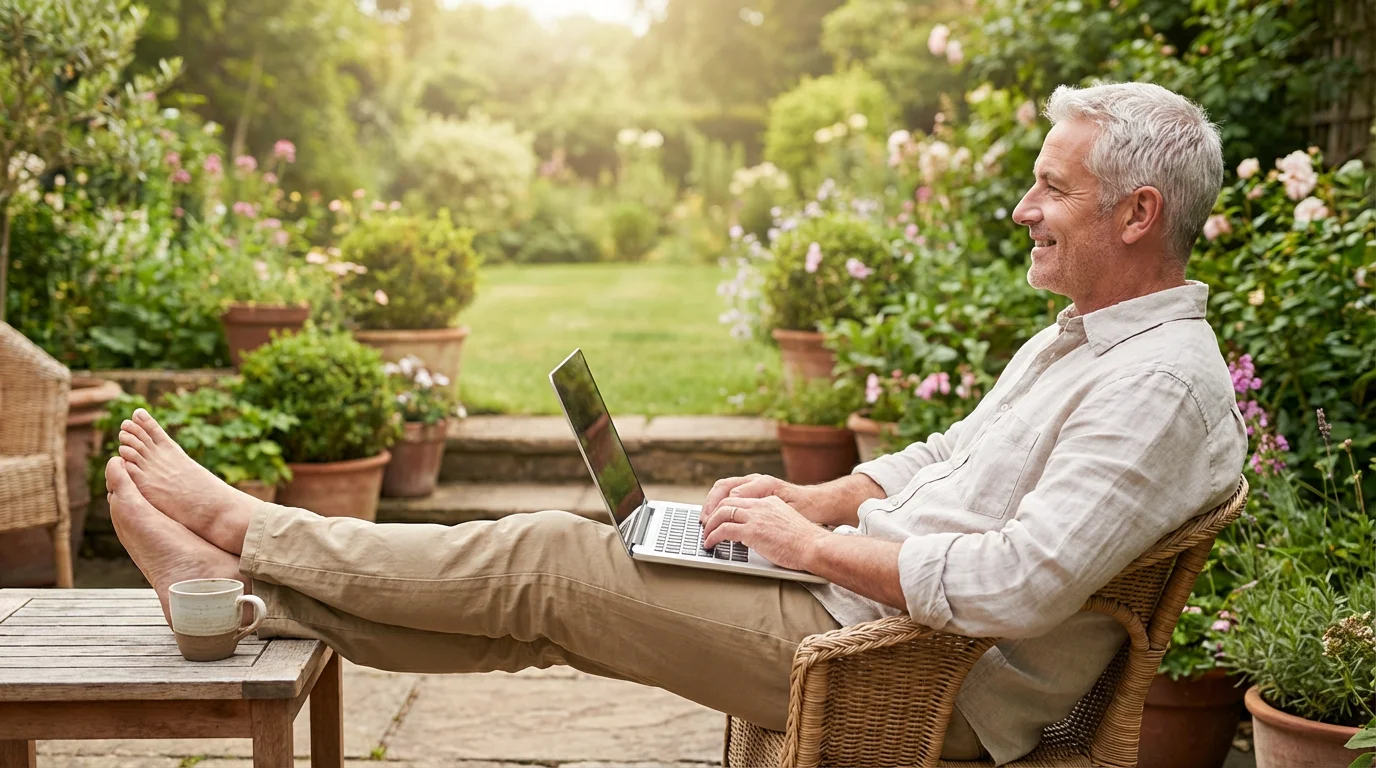A senior man using a laptop outdoors on a sunny patio, looking relaxed.