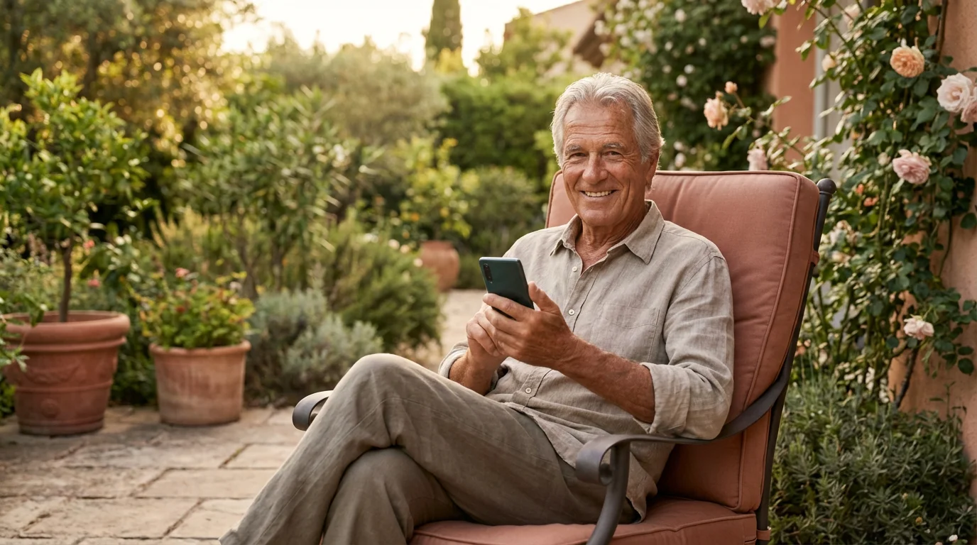 A senior man using a smartphone while sitting outdoors on a patio.