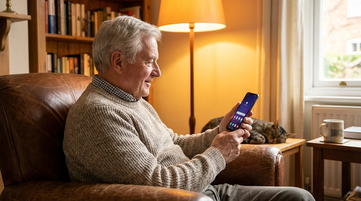 A senior man using an Android smartphone in a comfortable living room.