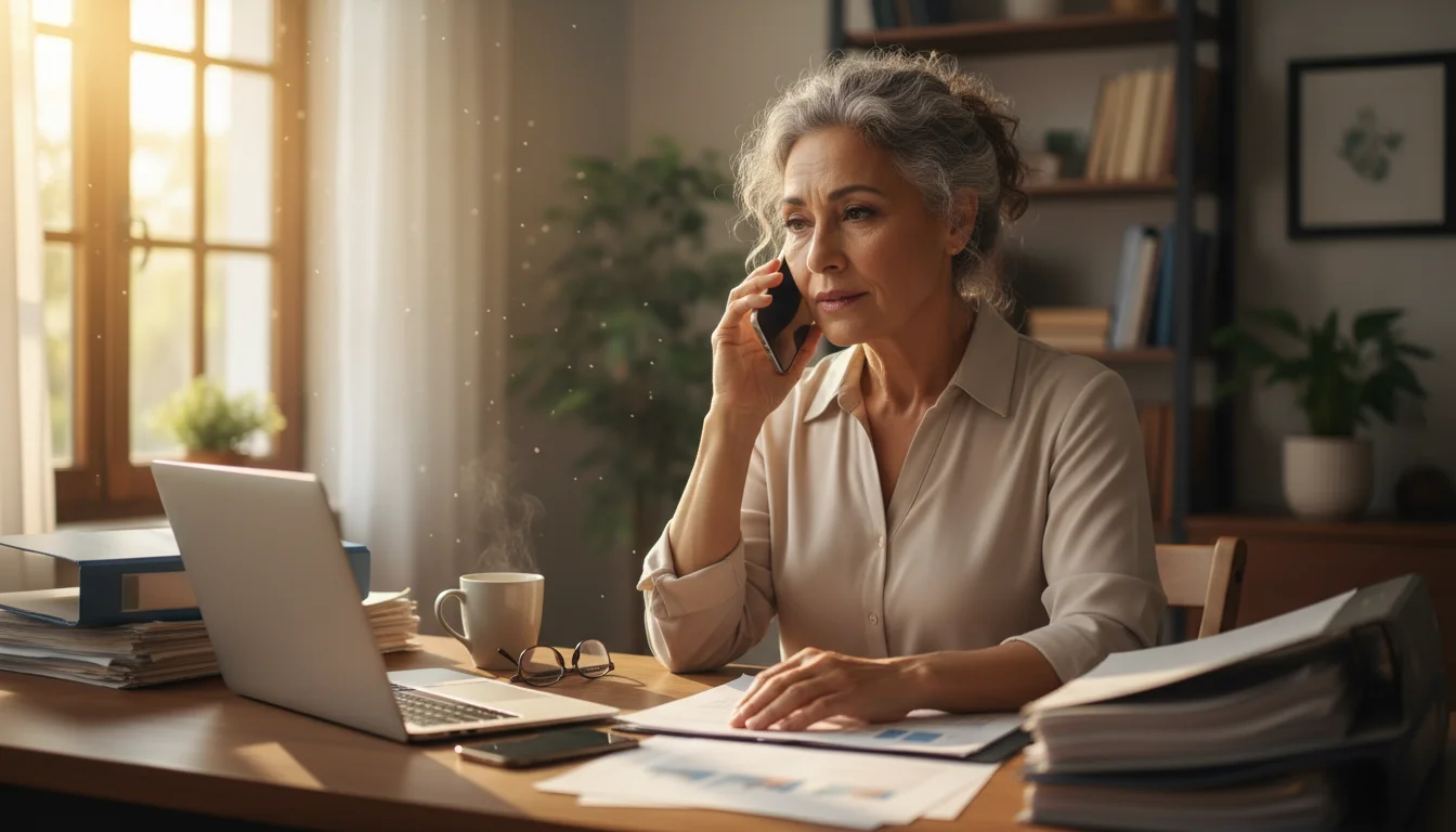 A senior woman (60s-70s) at a desk, reviewing financial documents or talking on a smartphone, illuminated by soft morning light.