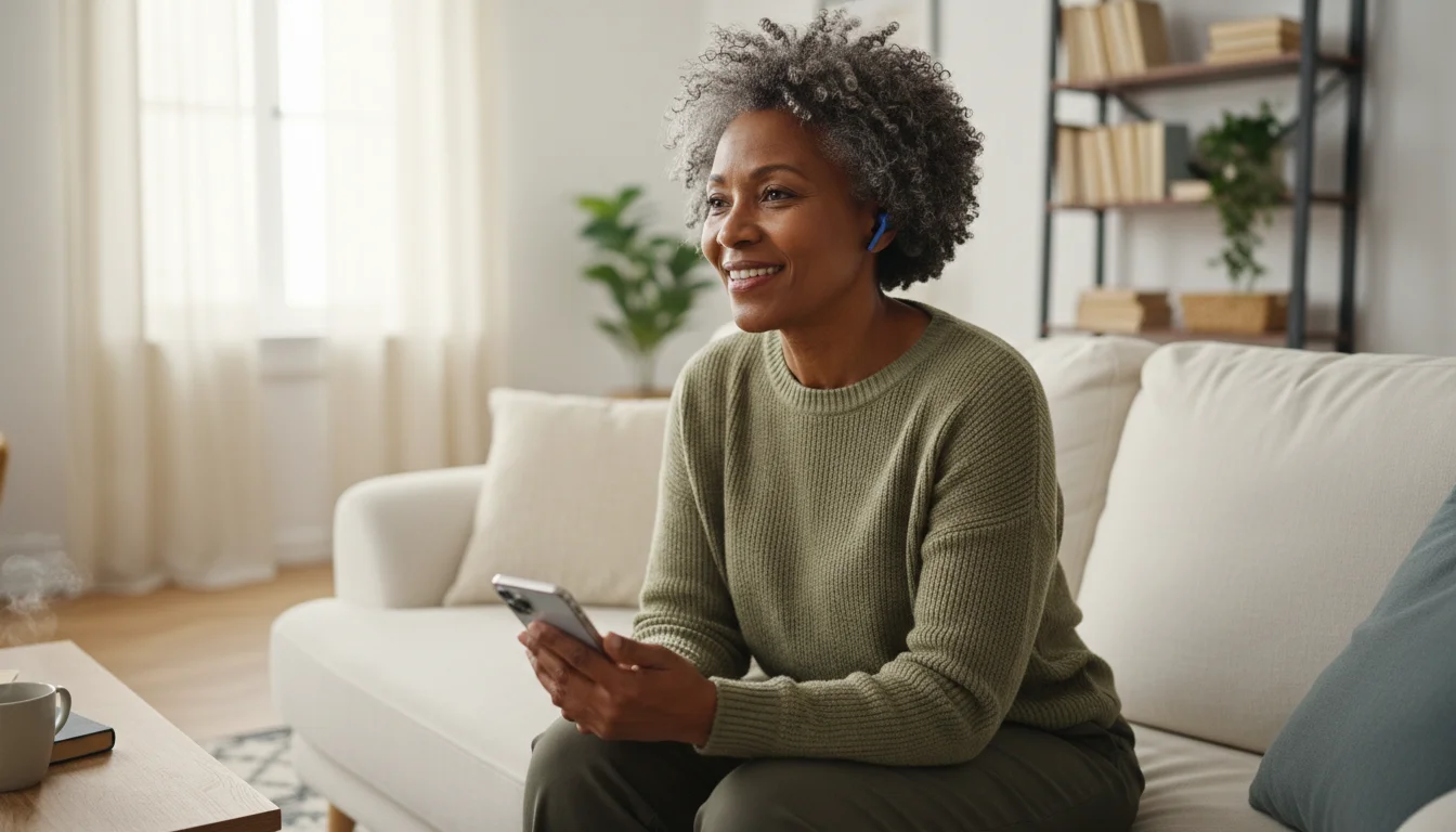 A senior woman, 60s, African American, listening to a podcast on her smartphone with earbuds, smiling serenely in a sunlit living room.