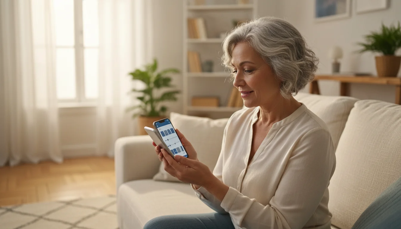 A senior woman, 60s, confidently viewing a generic smartphone screen in a sunlit living room, with blurred settings visible.