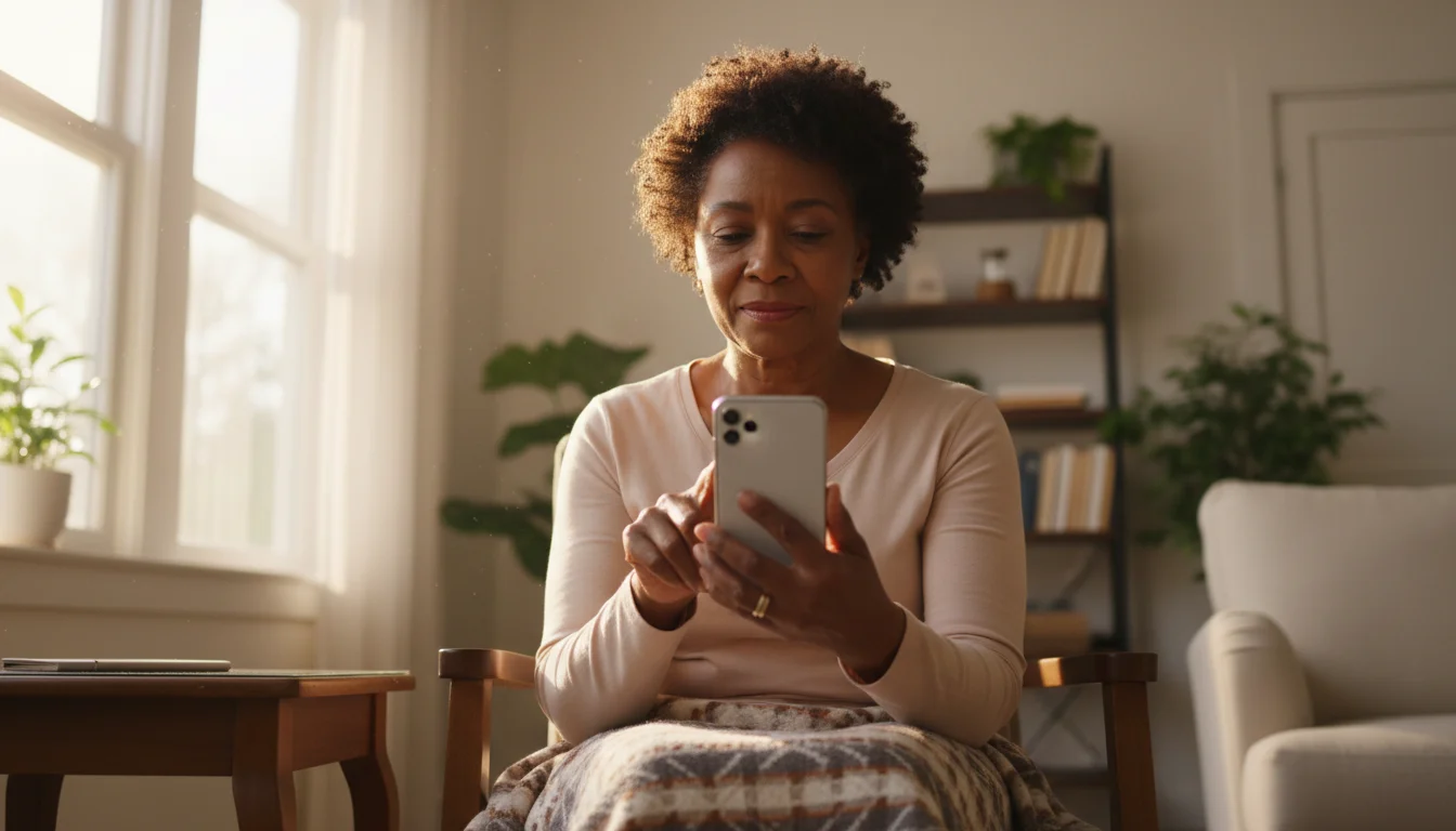 A senior woman calmly adjusts the volume on her smartphone in a bright living room, demonstrating a simple fix for a video call.
