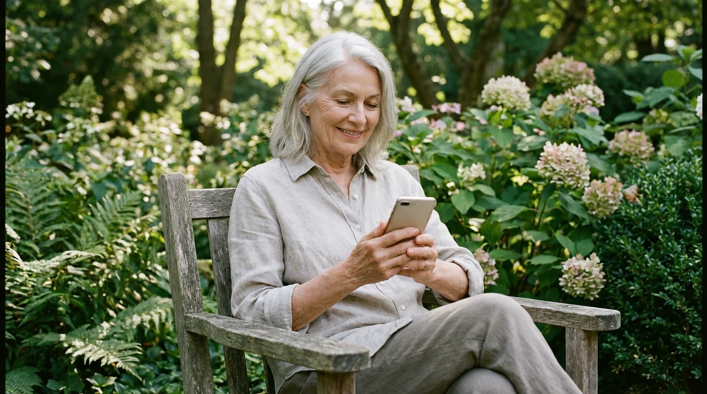 A senior woman calmly checking notifications on her phone in a garden.