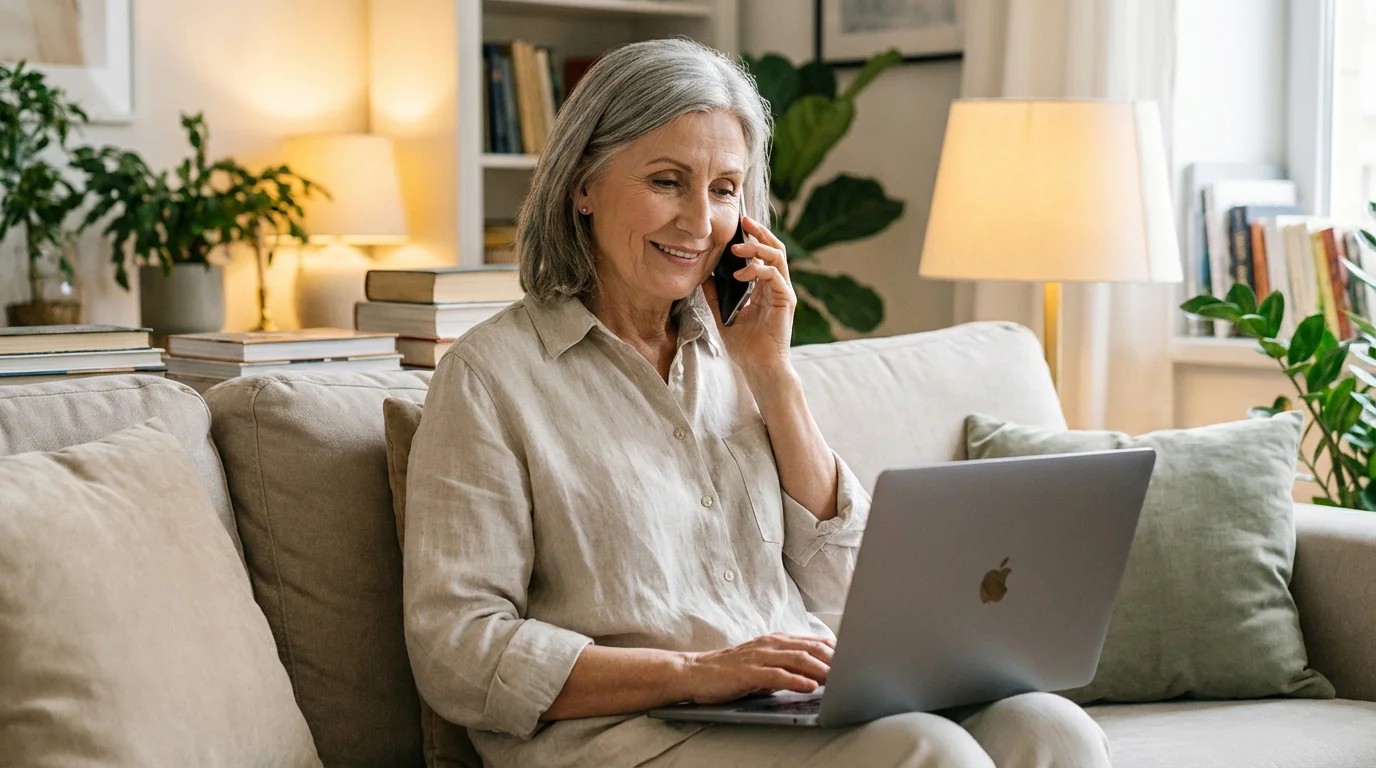 A senior woman calmly using her phone and laptop to resolve an issue.