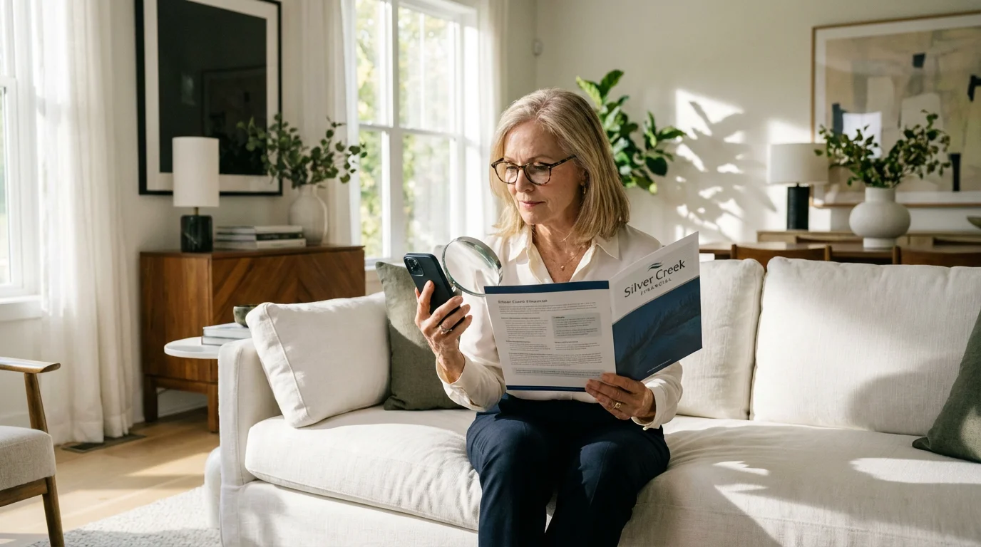 A senior woman checking an official document before making a phone call on her smartphone.