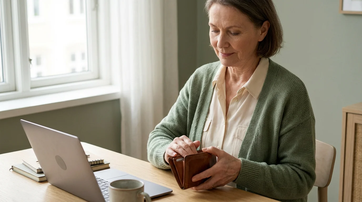 A senior woman closing her wallet while working at her computer, representing data safety.