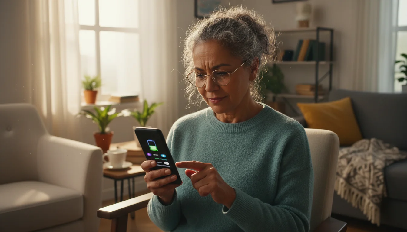 A senior woman, diverse ethnicity, confidently viewing the battery or data settings on her smartphone in a warm, naturally lit living room.