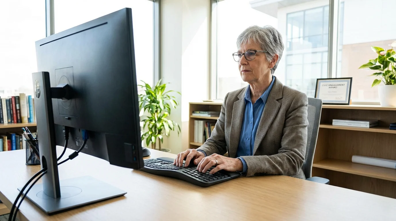 A senior woman focused on her computer screen, taking action to report a scam.