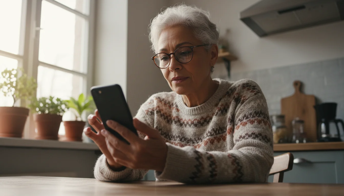 A senior woman intently looking at her smartphone screen, held confidently in her hands. Natural light illuminates her face in a cozy kitchen.