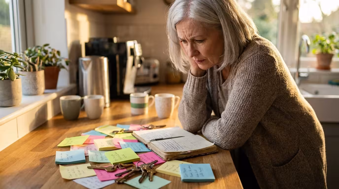 A senior woman looking at a cluttered pile of sticky notes on a kitchen counter, symbolizing password confusion.