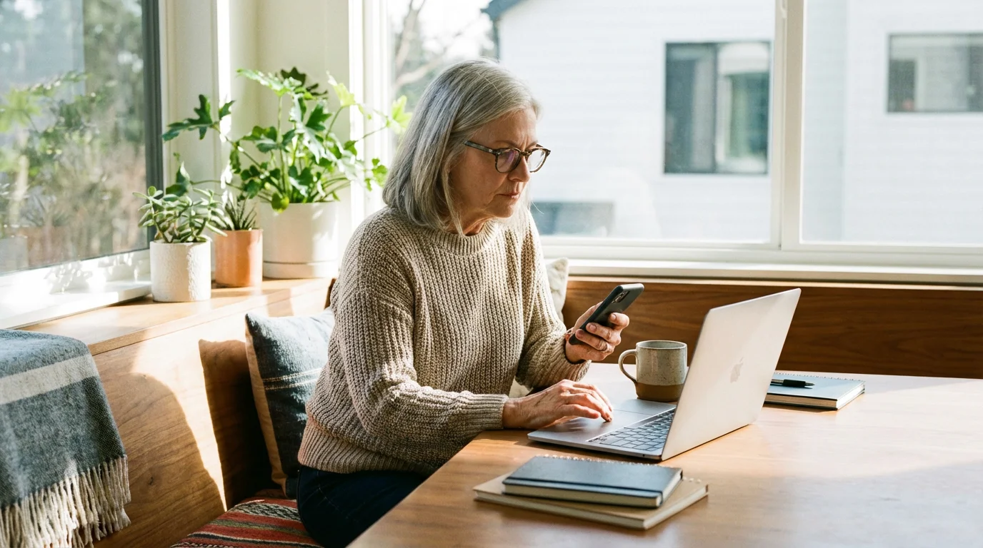 A senior woman looking at her laptop while holding a phone, looking confident.
