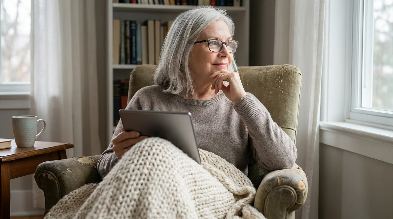 A senior woman looking calmly at a tablet while sitting in a cozy armchair.