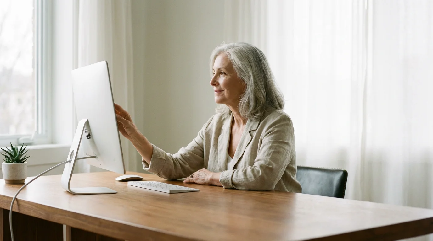 A senior woman looking calmly at her computer screen in a bright, peaceful room.