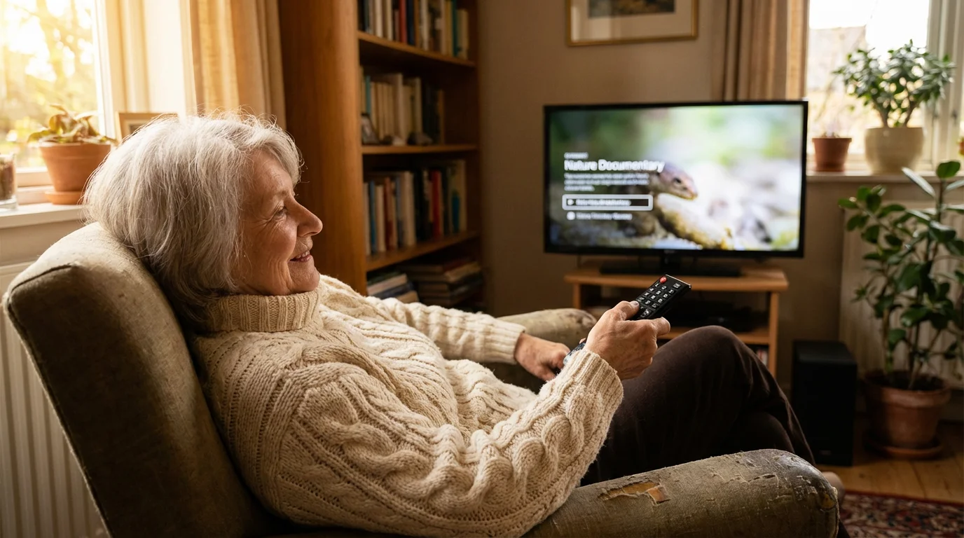 A senior woman looking relaxed and happy while watching television with captions enabled.