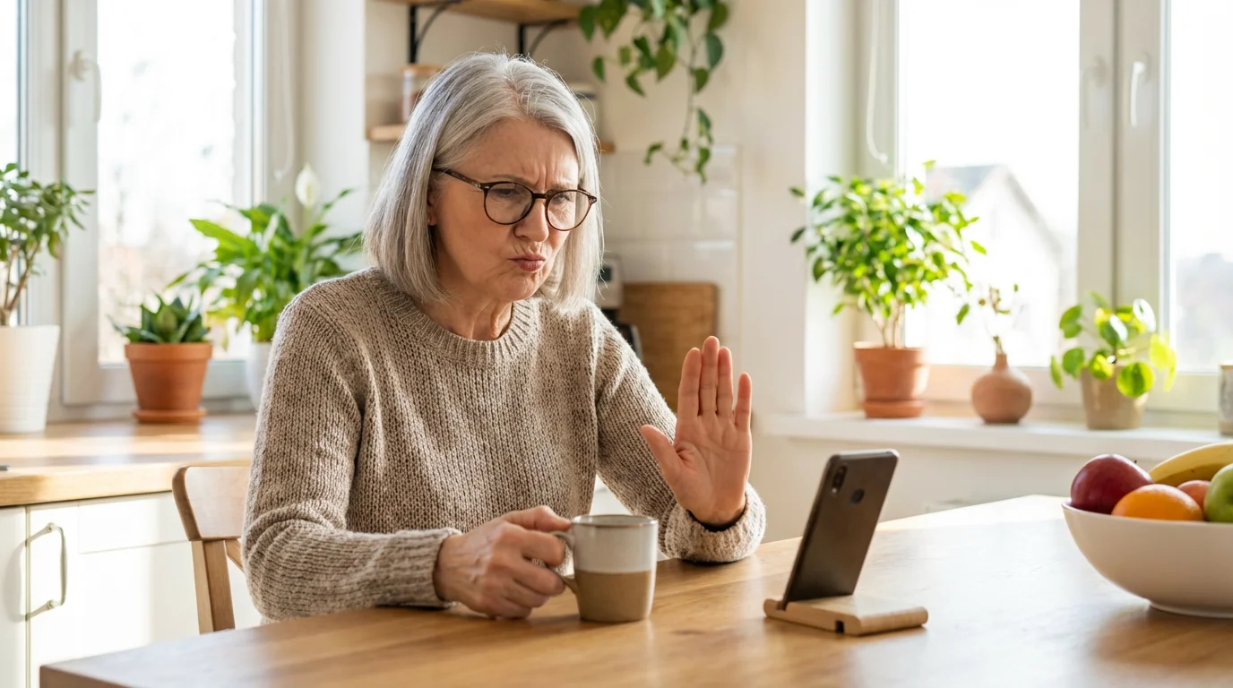 A senior woman looking skeptically at her phone with a stop gesture.
