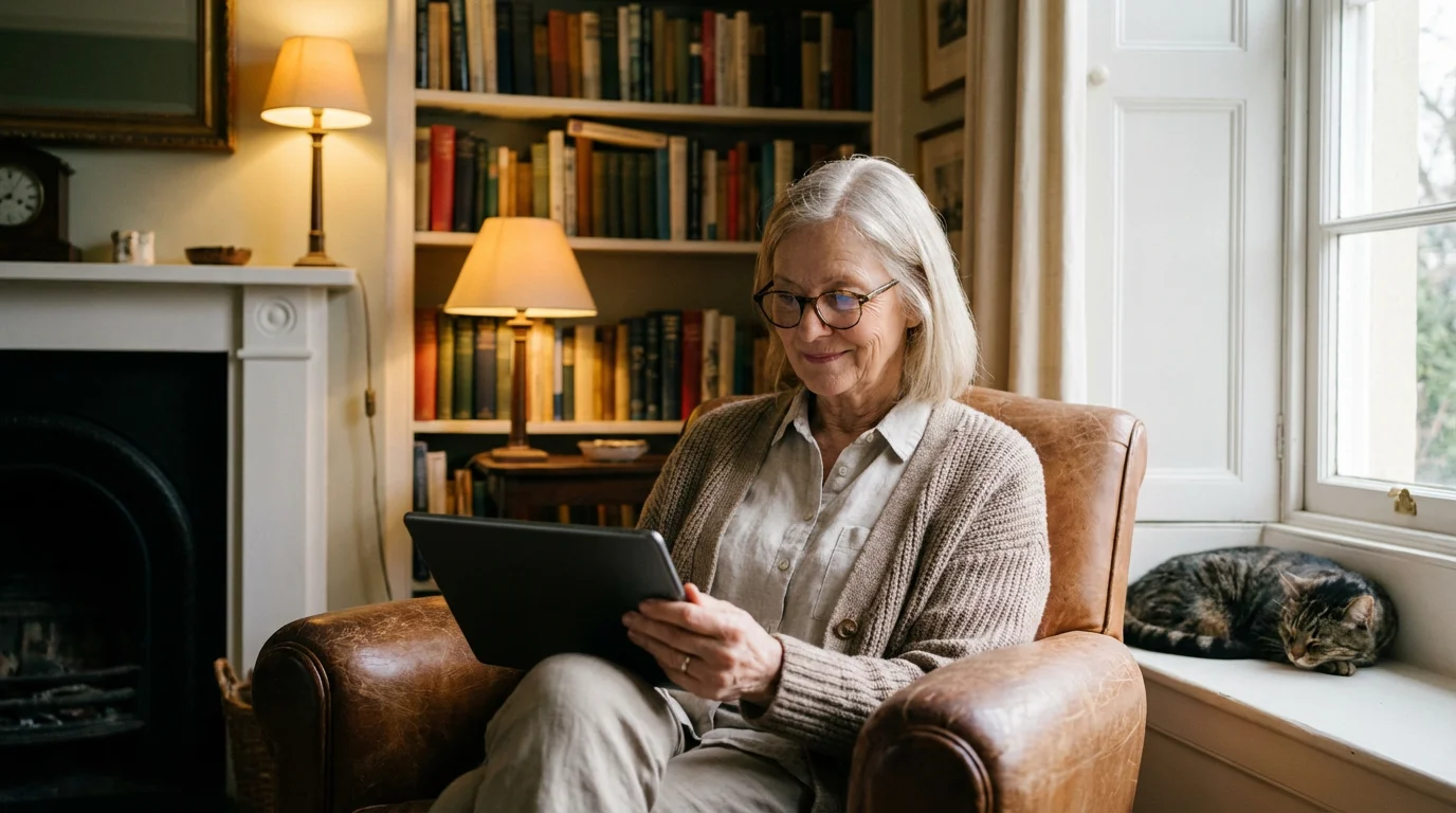 A senior woman looks thoughtfully at a tablet in a cozy room filled with books.