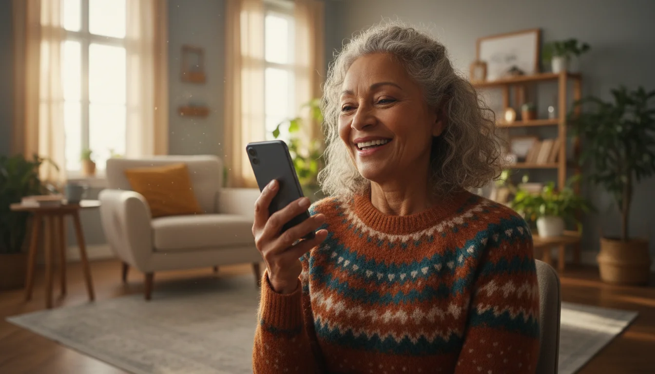 A senior woman, mid-70s, holding a smartphone near her mouth, recording a voice memo in a sunlit living room with a warm, confident expression.