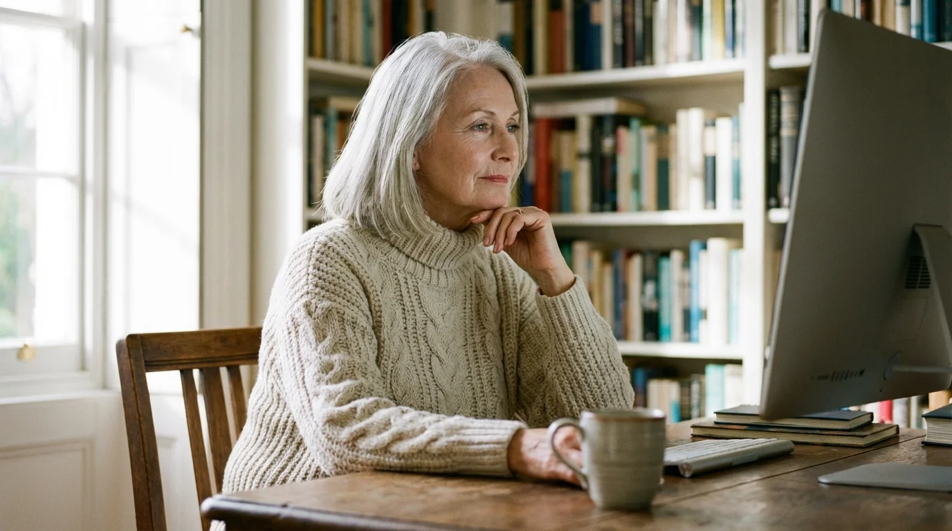 A senior woman observing her computer screen with a thoughtful and calm expression.