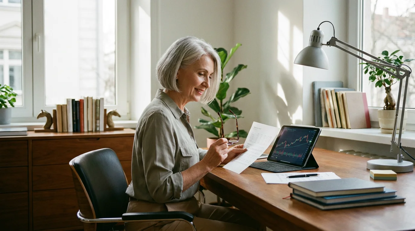 A senior woman reviewing a bill and a tablet at her desk.