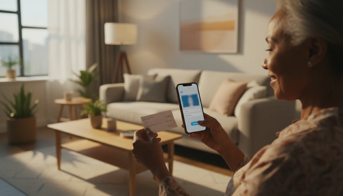 A senior woman, seen over her shoulder, smiles while holding a check under her smartphone camera for a mobile bank deposit.