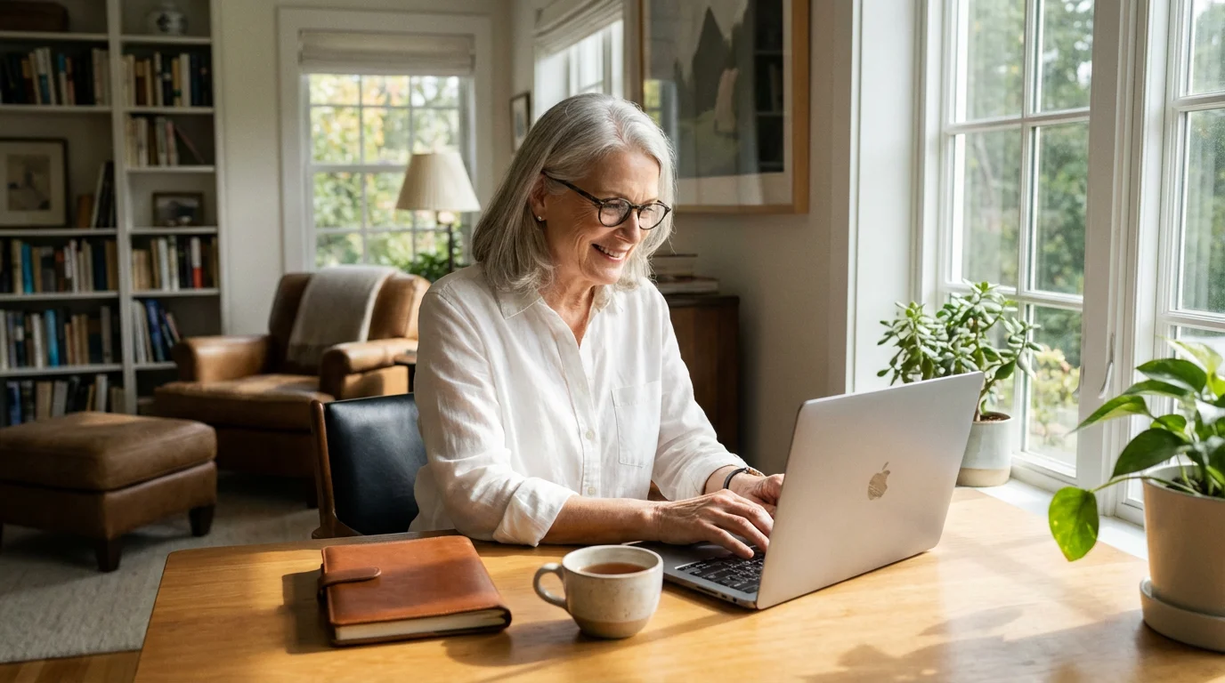 A senior woman sitting at a desk and using a laptop in a bright room.