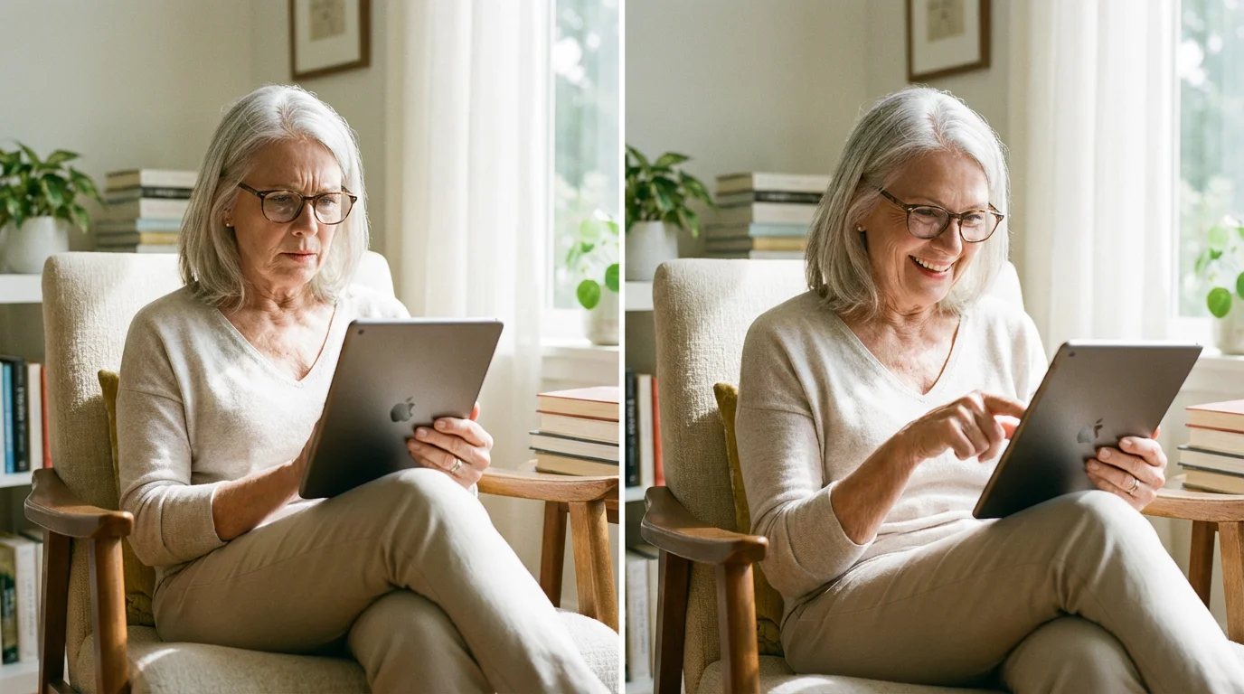 A senior woman smiling at her tablet screen in a bright room.