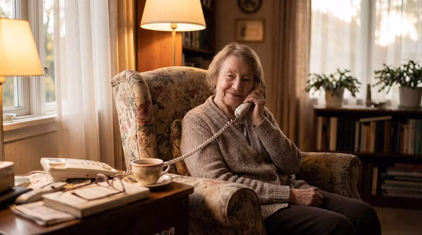 A senior woman talking on the phone and smiling in a cozy armchair.