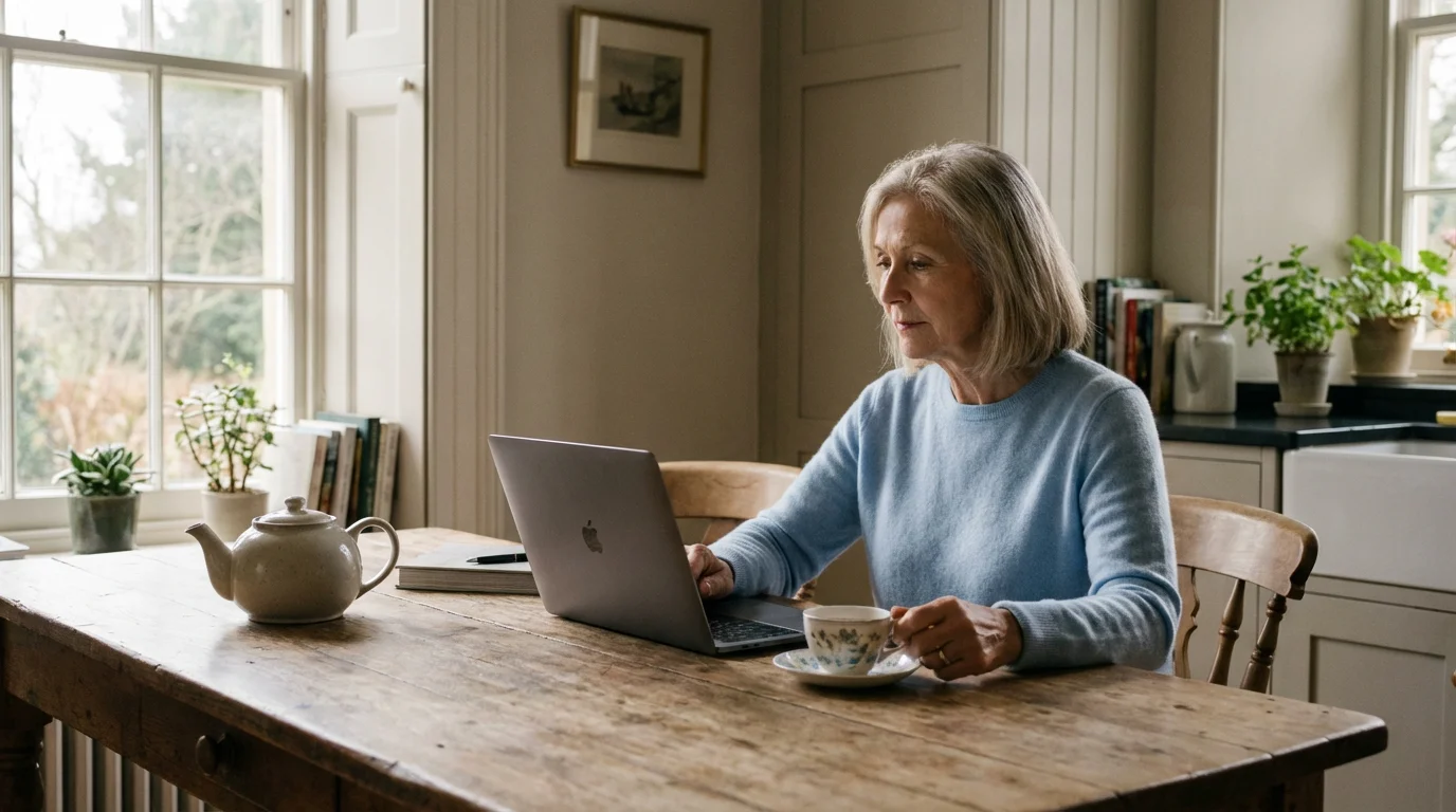 A senior woman thoughtfully using a laptop in a bright kitchen setting.