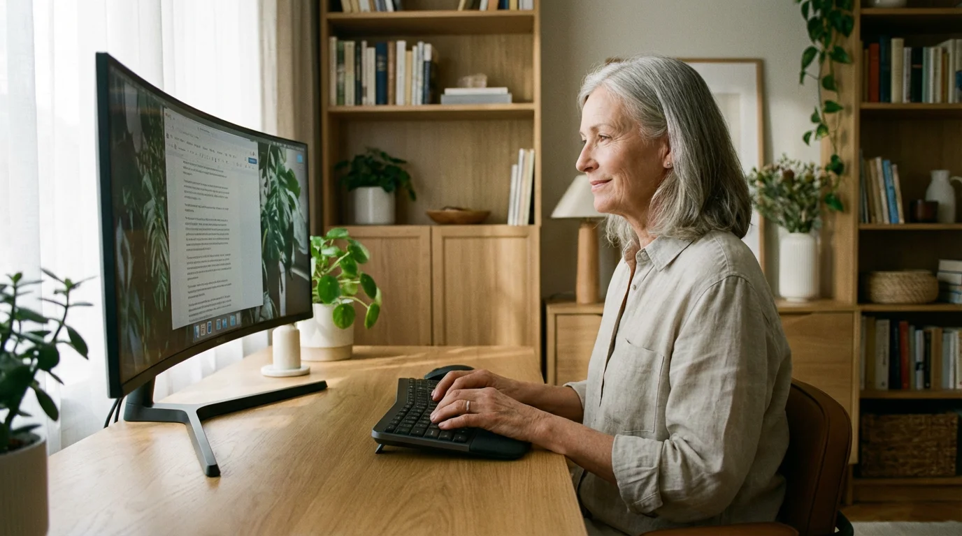 A senior woman using a desktop computer at a well-organized home desk.