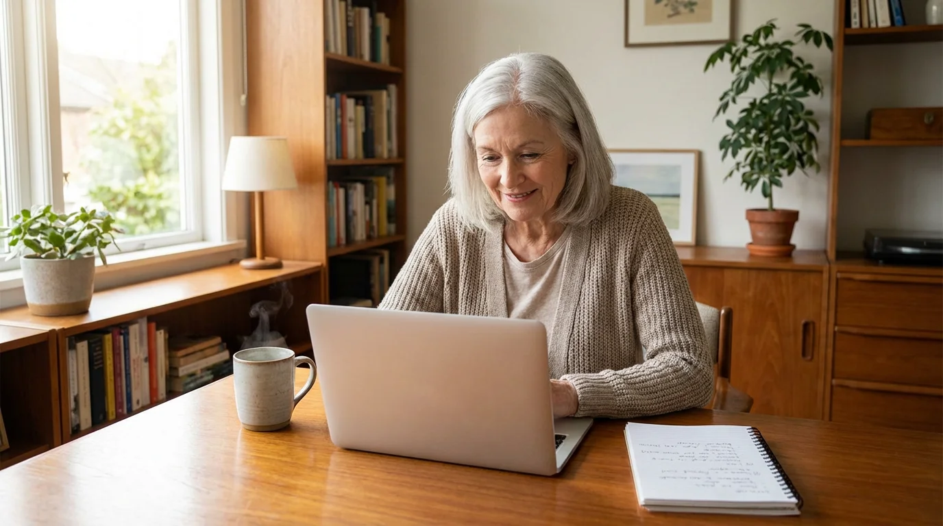 A senior woman using a laptop in a well-lit, organized home office.