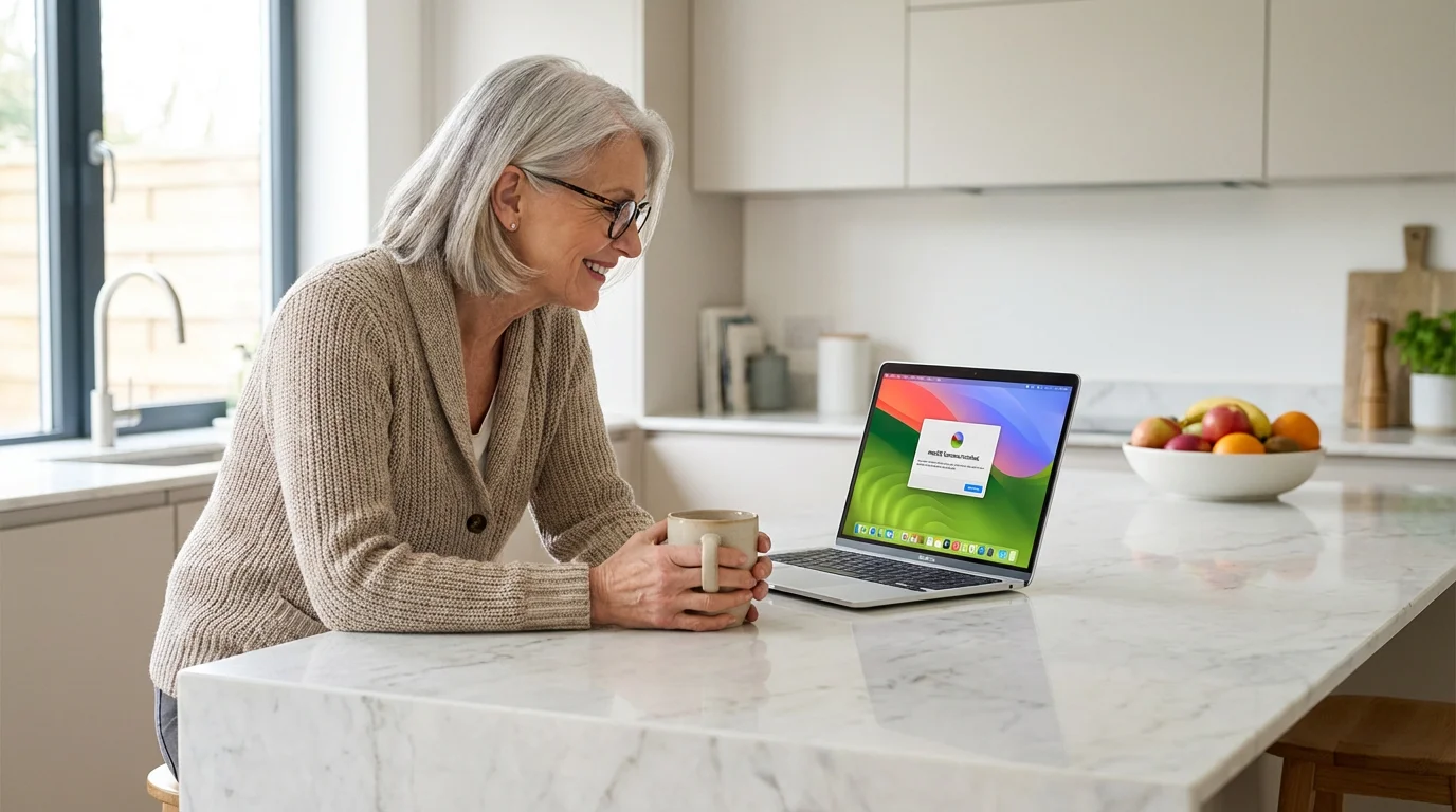 A senior woman using a MacBook in a bright, modern kitchen while holding a mug.