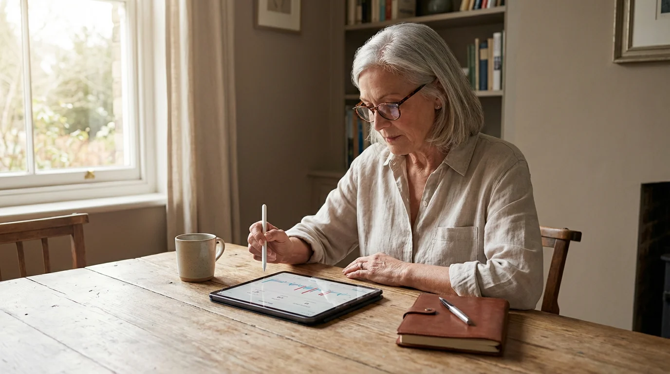 A senior woman using a tablet at a table with a notepad nearby.