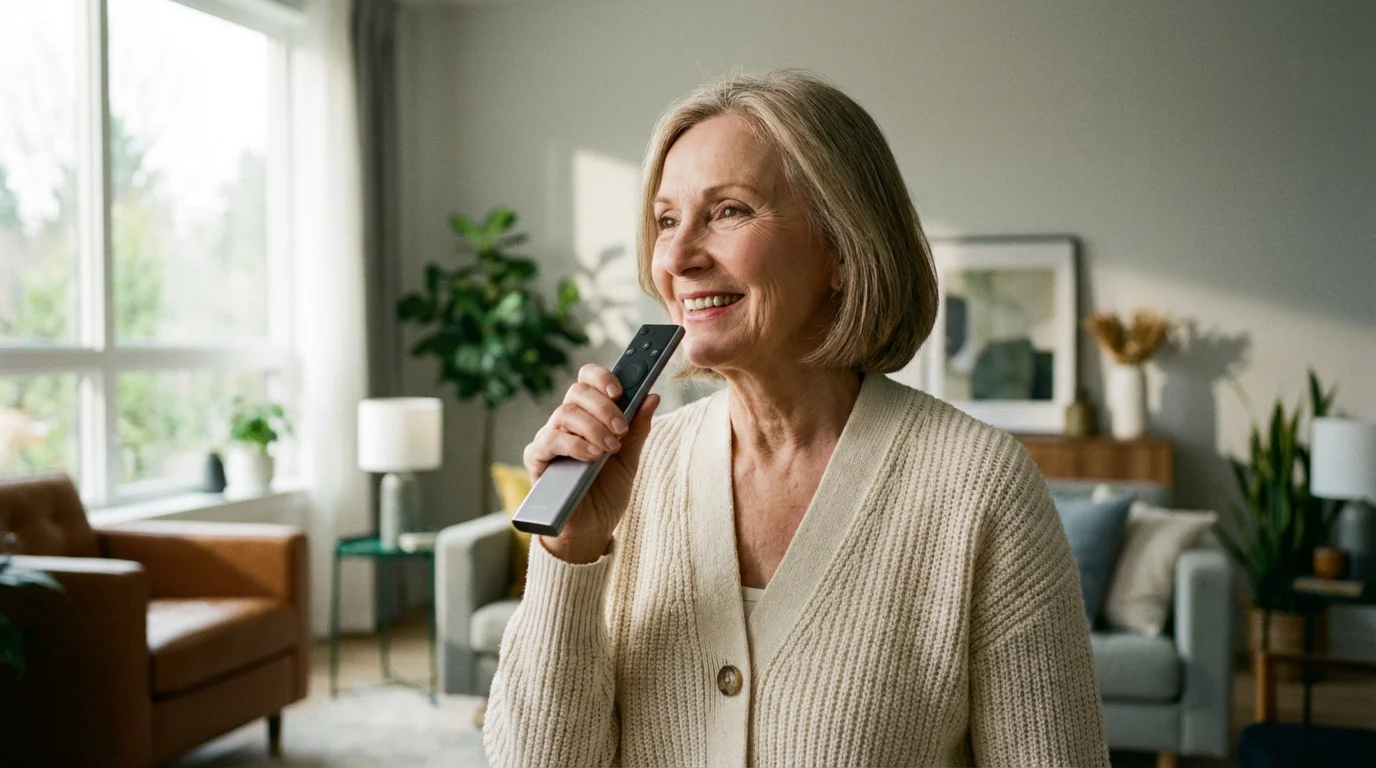 A senior woman using the voice command feature on her smart TV remote.