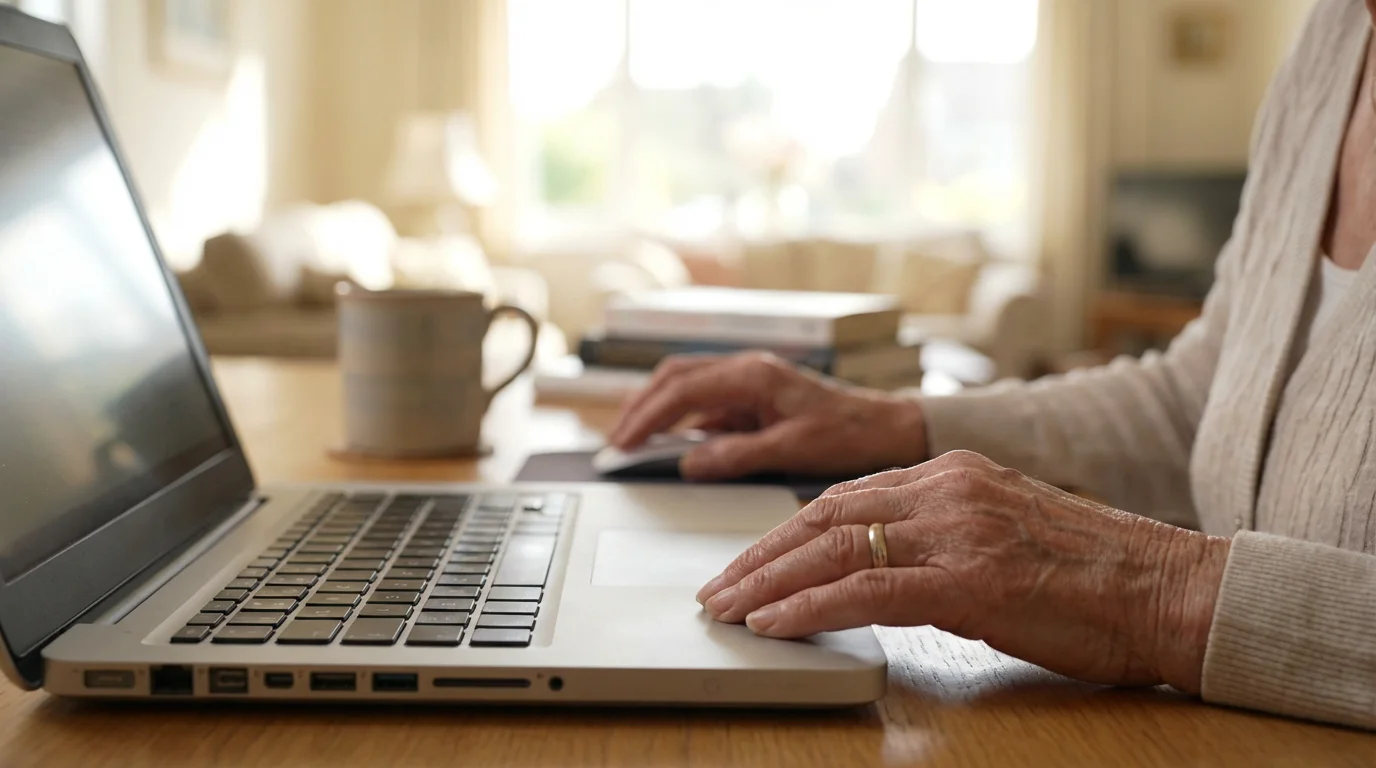 A senior woman watching her computer screen during a tech support session.