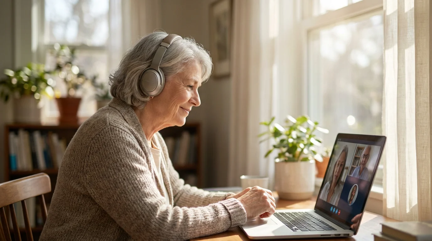 A senior woman wearing a headset while looking at her computer screen.