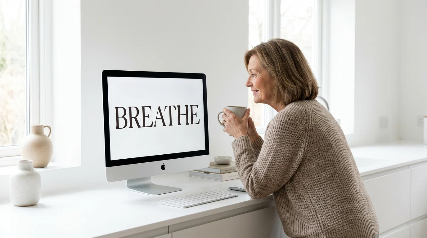 A senior woman with a cup of tea looking at a bright Mac computer screen with large text on a clean kitchen counter.