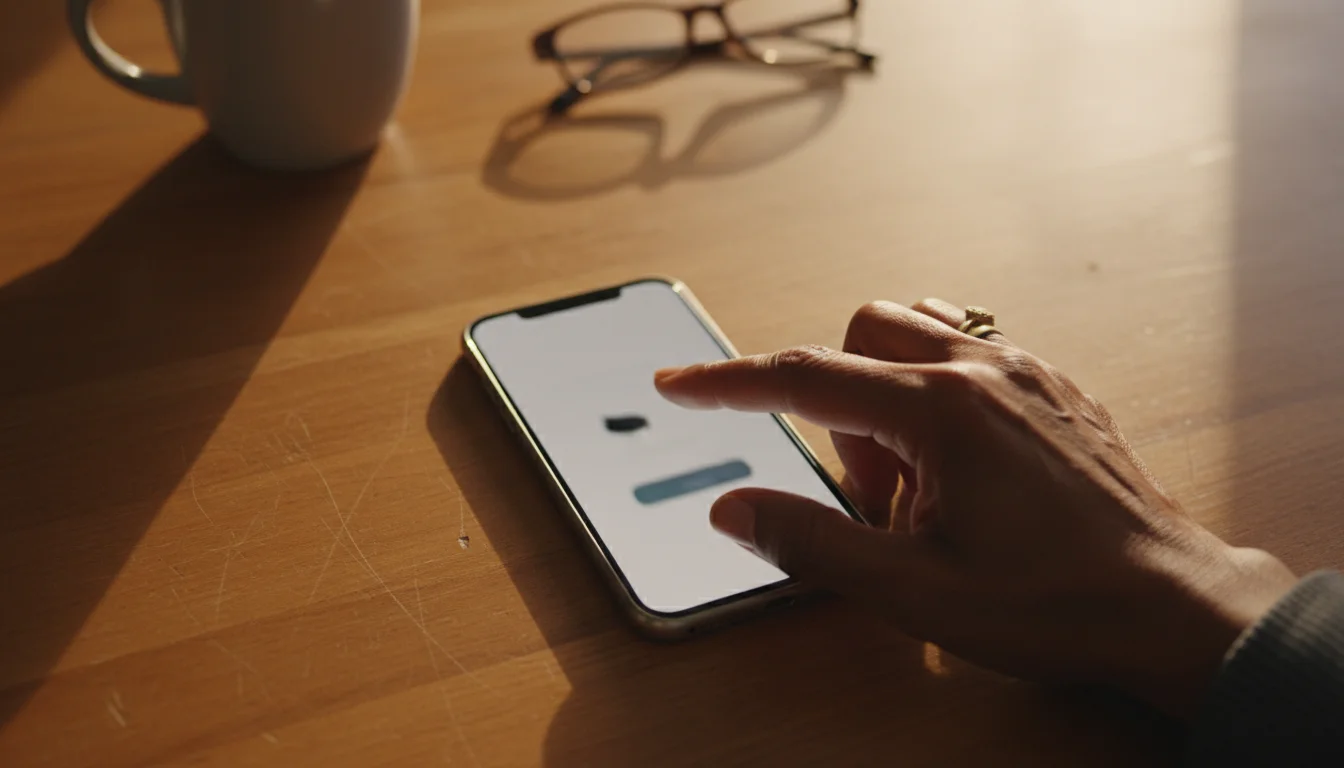 A senior woman's hand interacting with a smartphone on a wooden table, symbolizing the setup of a secure mobile hotspot password.