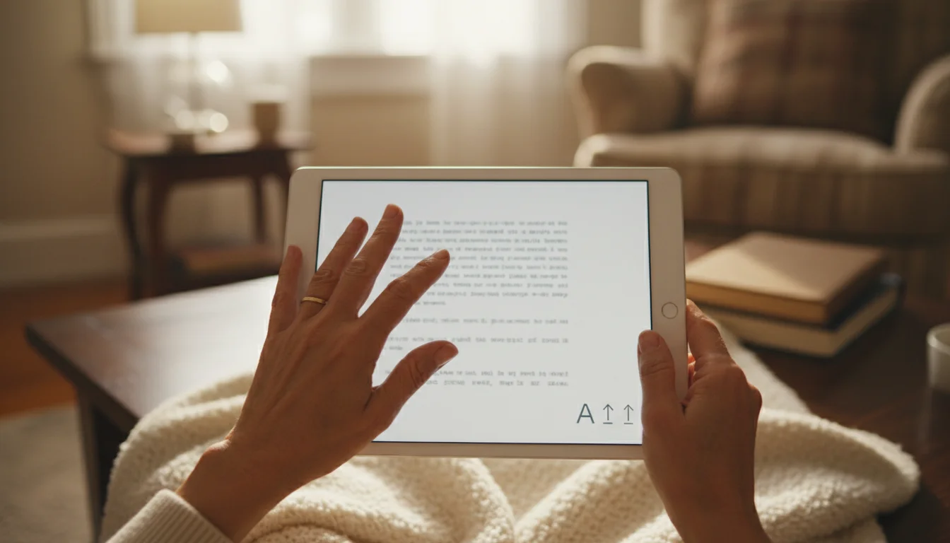 A senior woman's hands adjust text size on a tablet displaying an e-book, seen from above in warm light.