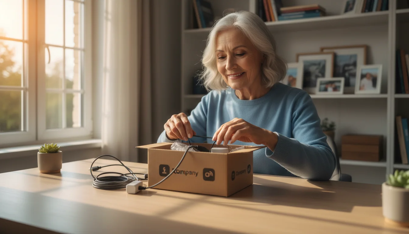 A senior woman's hands carefully unboxing a generic tech package on a sunlit desk, with generic cords and adapters visible inside.
