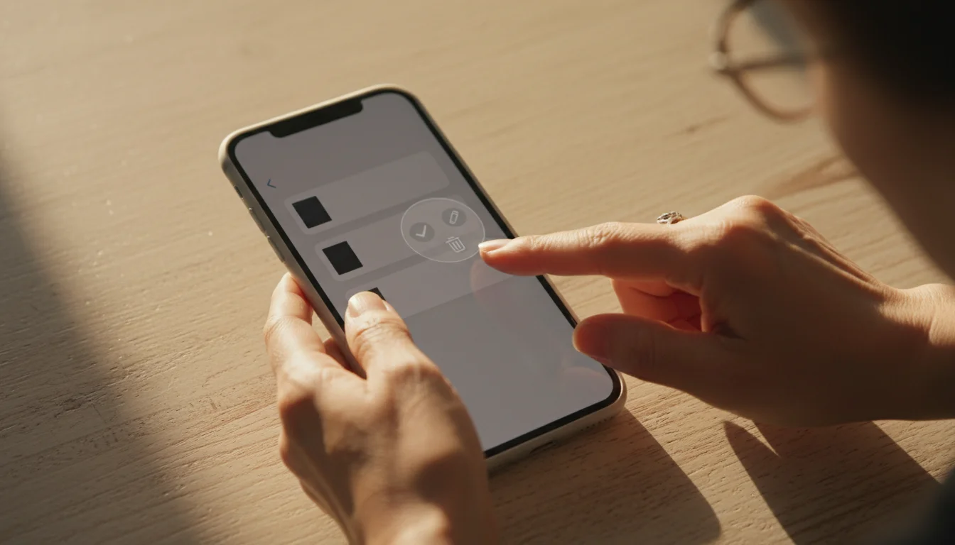 A senior woman's hands gently tap a smartphone screen, showing a list of recordings and an expanding menu, bathed in warm golden hour light.