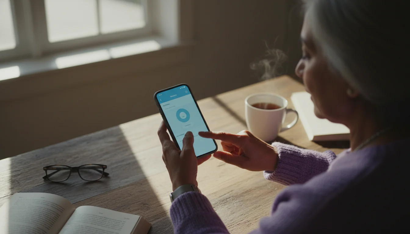 A senior woman's hands hold a smartphone in a high angle flat lay, confidently navigating an app with a generic interface in warm natural light.
