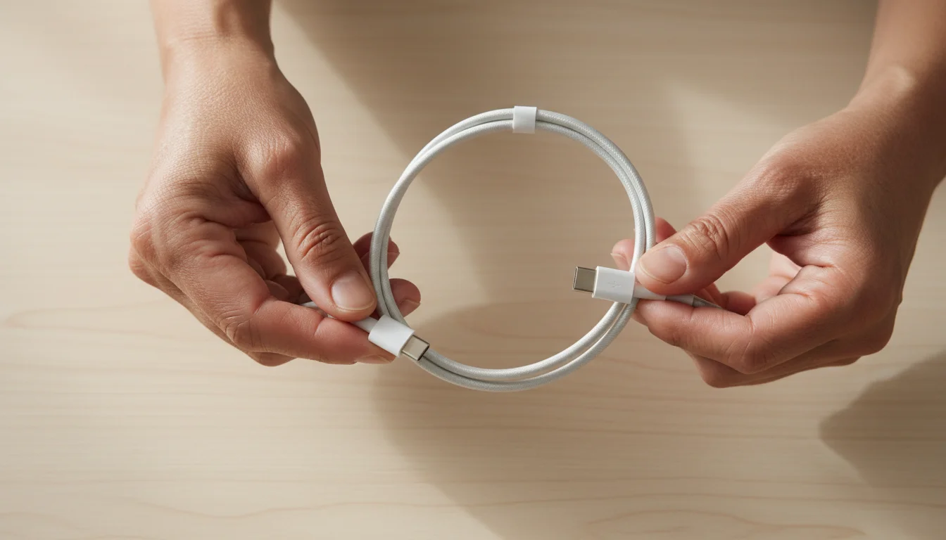 A senior's hands hold a pristine charging cable, carefully examining the connection points of the plug and wire on a wooden table.