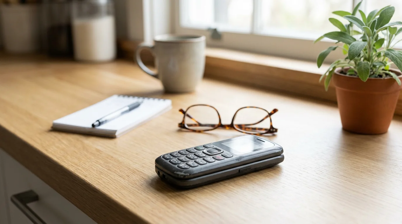A silver flip phone resting on a kitchen counter next to reading glasses and a notepad.