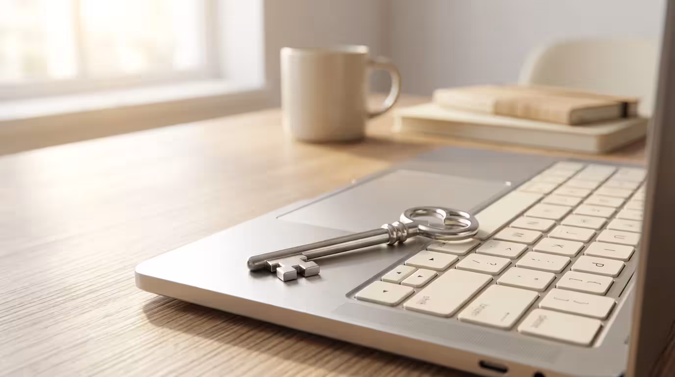 A single silver key resting on a laptop keyboard, symbolizing the simplicity of a master password.