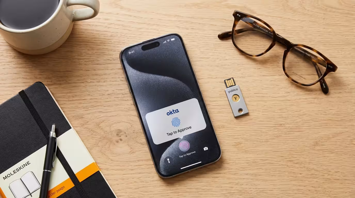 A smartphone and a USB security key on a desk, showing different ways to use 2FA.