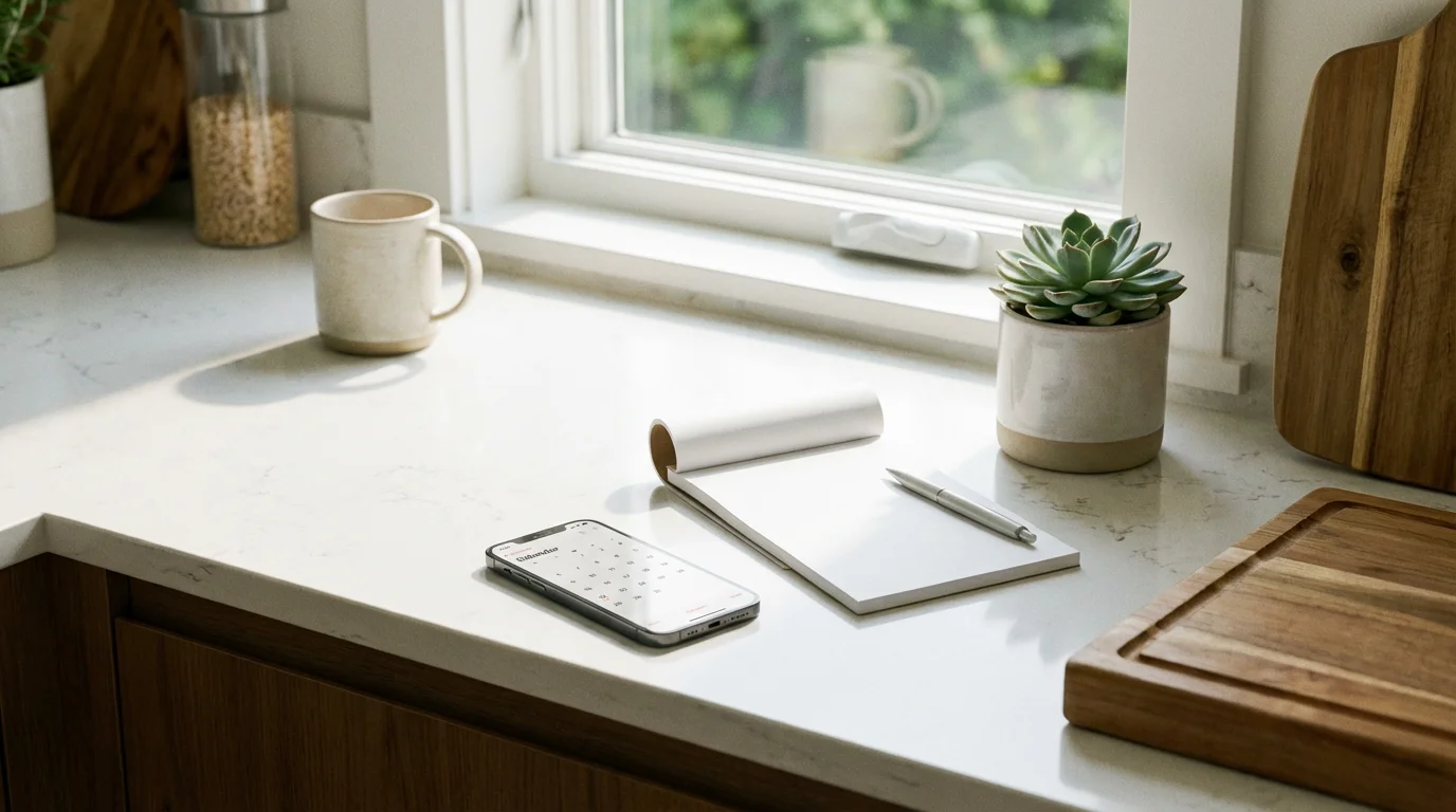 A smartphone and notepad on a clean, bright kitchen counter.