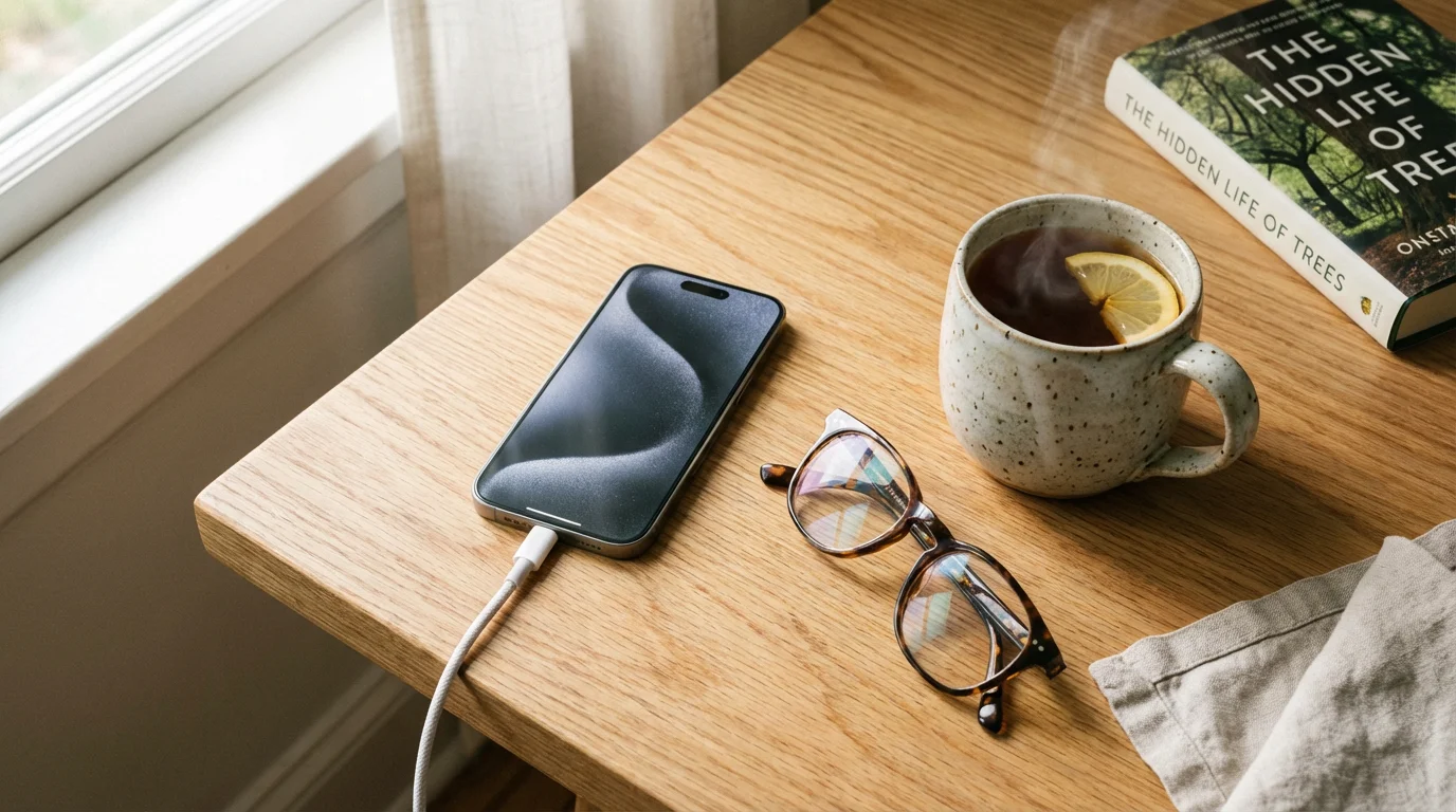 A smartphone charging on a table next to reading glasses and a cup of tea.