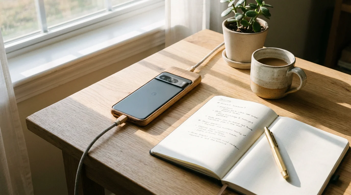 A smartphone charging on a wooden desk next to a notebook and a mug of tea.
