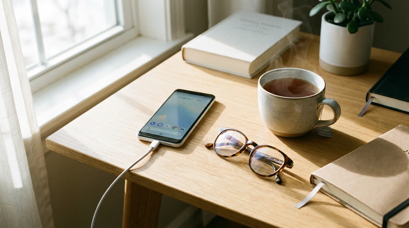 A smartphone charging on a wooden table next to glasses and a cup of tea.